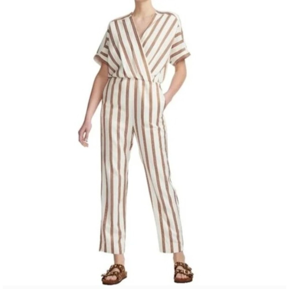 Maje Pieni Rayure Stripe Jumpsuit Surplice V-Neck Straight Leg Womens 34 / XS - Picture 1 of 15